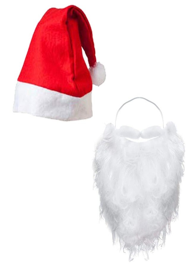 Sesonby Santa Claus Cap and White Beard - Synthetic Hair Christmas Costume for Halloween Party - Cap and Beard Combo - Image 1